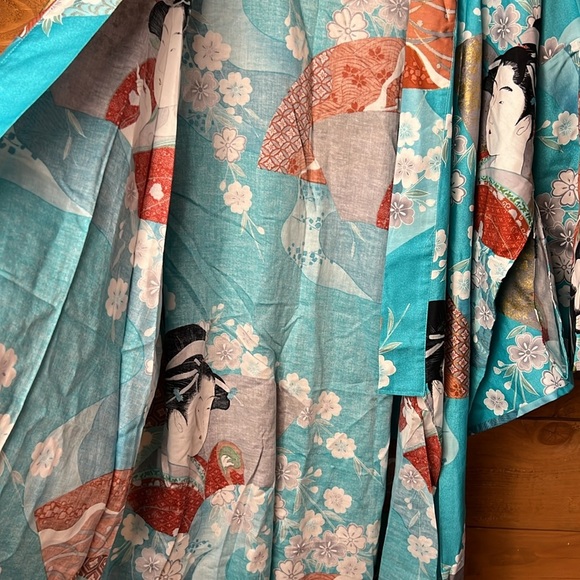 Beautiful Authentic Japanese Vintage Floral Geisha Teal Kimono Robe cotton Japan - Picture 12 of 12
